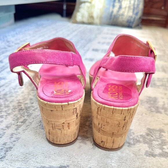 KORS Michael Kors Pink Suede and Cork Platform Sandals - Picture 7 of 12